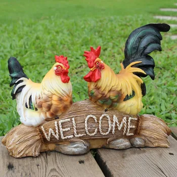 Outdoor Creative Resin Cock Hen Figurines Crafts Welcome Card Decoration Livingroom Home Accessories OrnamentS Garden Furnishing 1