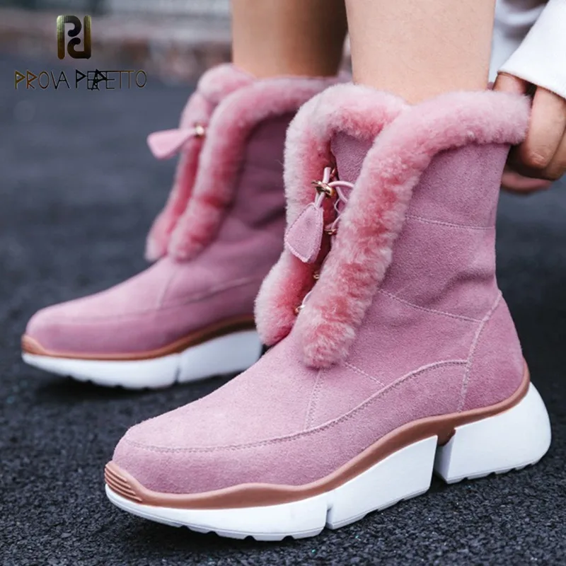 

Prova Perfetto 2019 Pink Women Cow Suede Ankle Boots Platforms Warm Winter Snow Shoes Woman Round Toe Comfort Casual Basic Boots