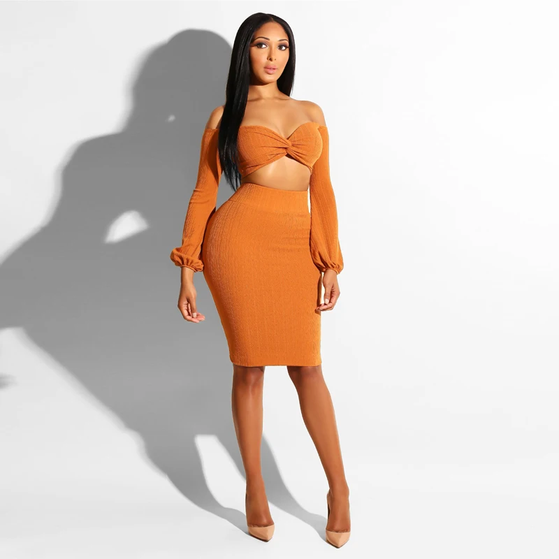 

XLLAIS Winter Christmas Ribbed Two Piece Set Women A Line Soft Skirt Sets Lattern Sleeve Off Shoulder Crop Top Conjunto Feminino
