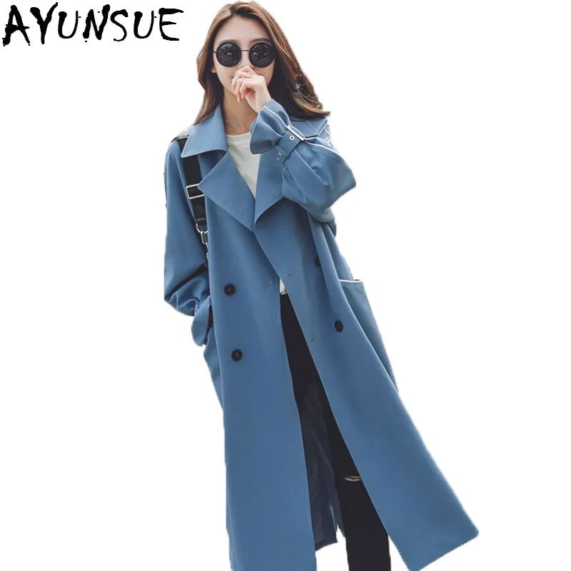 

AYUSNUE 2018 New Fashion Chic Double Breasted Long Trench Coat Women Blue Belt Windbreaker Female Overcoat Abrigos Mujer LX1922