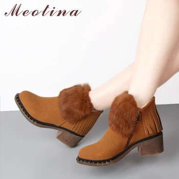 

Meotina Tassel Plush Snow Boots Winter Boots Shoes Women Cow Suede Real Rabbit Fur Thick High Heel Ankle Boots Brown Green 33-43