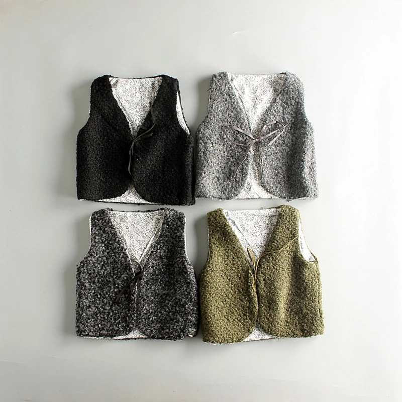 

2018 spring autumn Children's warp knitted terry fabric Vest Girls torquate Jacket England style loop pile Coat baby waistcoats