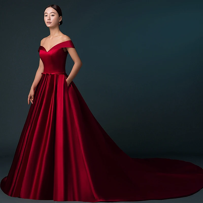 Chapel Train Burgundy Satin Wedding Dress Off Shoulder A Line Women Chapel Train Burgundy Satin Wedding Dress Off Shoulder A Line Women Bridal Lace Up Custom Size In Dresses From Weddings Events On