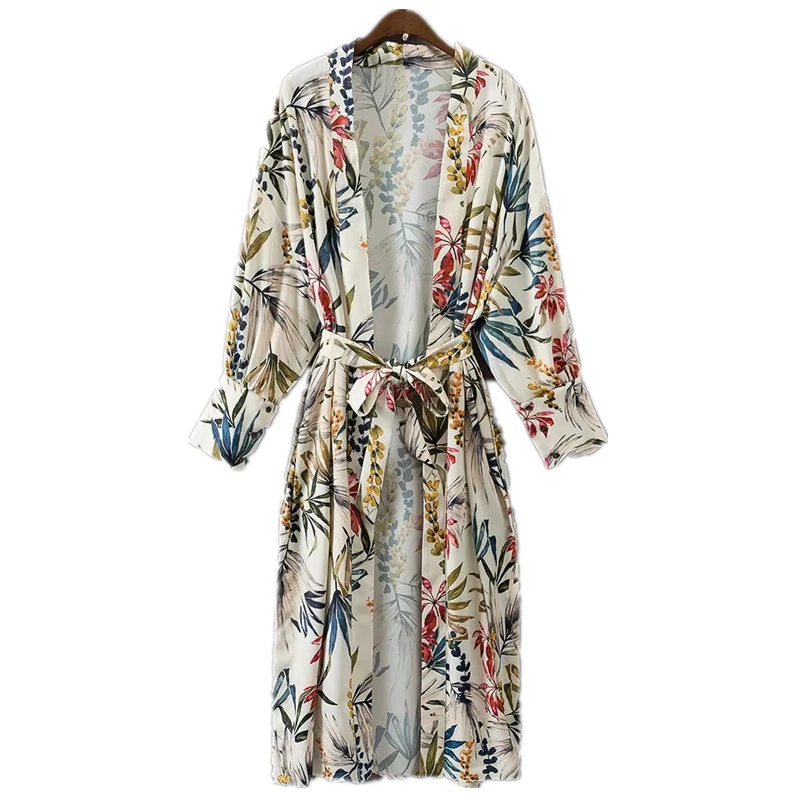 

2019 New Women Bohemian V neck Bright Flower Print Long Kimono Shirt Ethnic Lacing up Sashes Long Cardigan Loose Blouse Tops