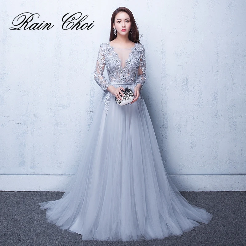 2018 Evening Dresses 3 4 Sleeves Appliques Silver Formal Gown Long Evening Party Dress Vestido De