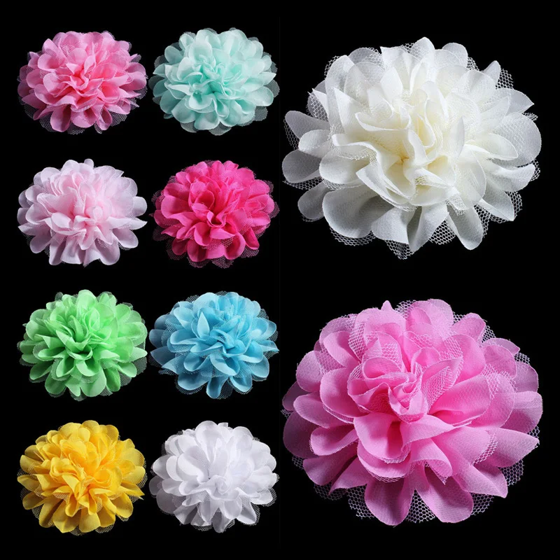 

120pcs/lot 12CM 20colors Fluffy Chiffon Mesh Lace Flowers For Children Hair Accessories Artificial Fabric Flowers For Headbands