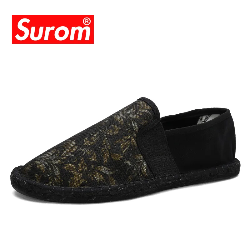 

SUROM Men's Espadrilles Slip On Canvas Upper Hemp Sole Male Loafers Floral Print Men Flat Heel For Casual Shoes Size 39- 45