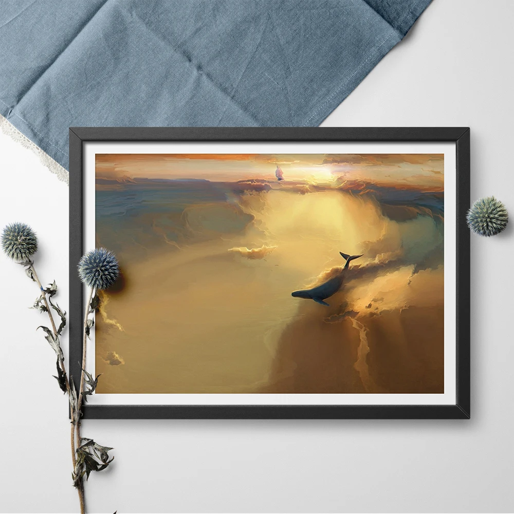 Печать на холсте с Китом в облаках картина &quotзакат&quot свечение Wall Art украшение