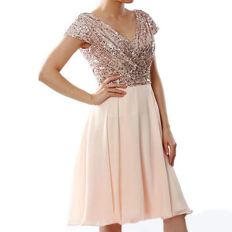 

Women V-Neck Sequin dresses Knee-Length patchwork A Line dress ladies elegant swing summer retro Bridesmaid Wedding Party Dress