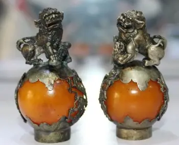 

Dragon Old Tibet Silver Hand Carved yellow jade Dragon Phoenix Ball Lion Statue Pair wholesale factory BRASS Arts outlets