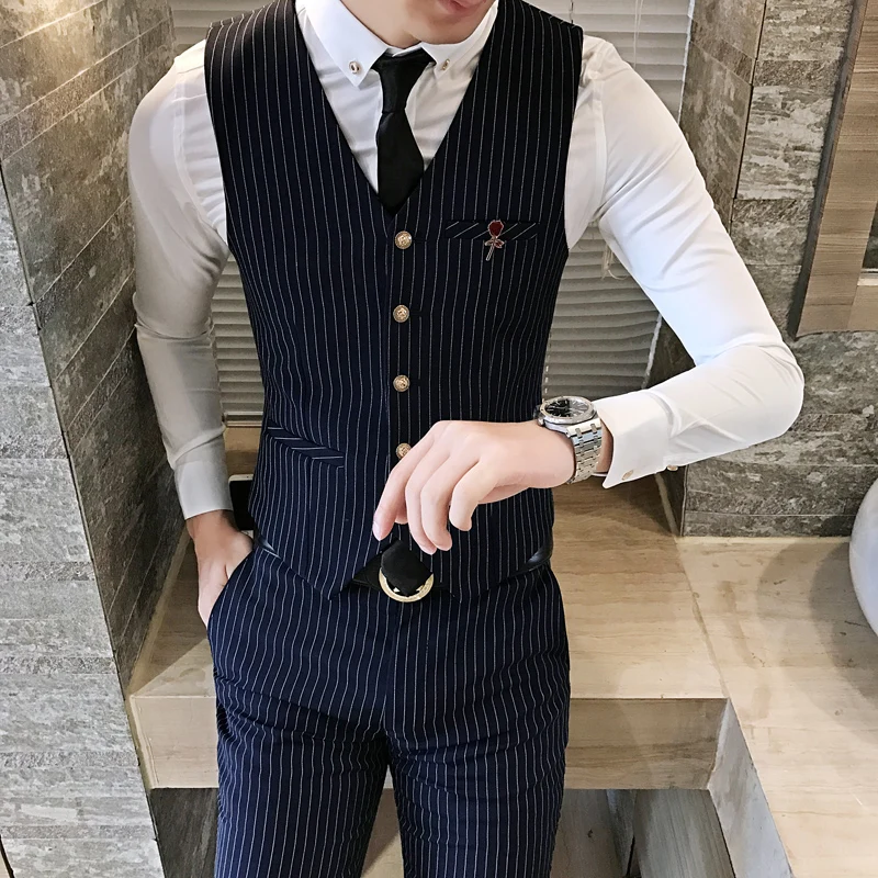 2019 Classic Black Stripes Men Vests Business Banquet Wedding Men Suit Vest  Black Blue Fashion Casual Waistcoat Man