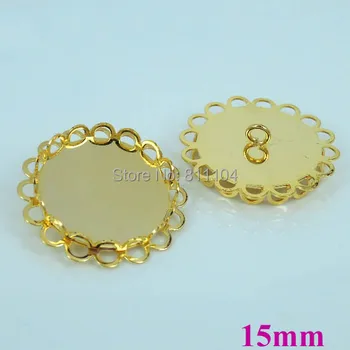 

15mm Blank Double Round Hollow Lace Bezel tray Cameo Cabochon Bases Settings Caps Buttons Back Loop Findings Golden tone Plated