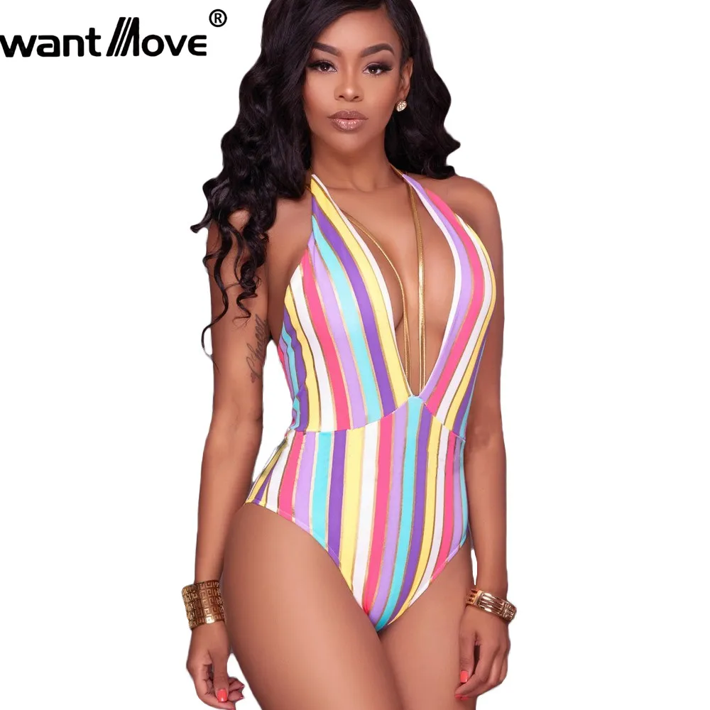

Wantmove 2017 Summer Gold String Multi Stripe Women Bodysuit Sexy One Piece Suits Playsuit Overalls beach Bikini Bodysuits XD923