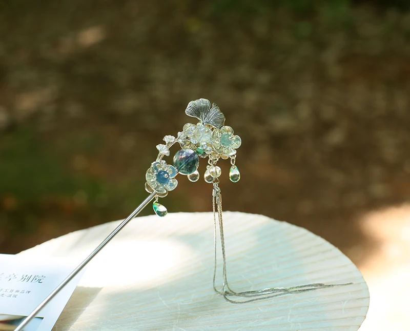

BaiLuSheng Summer Blue Fluorite Vintage handmade Ancient Chinese Classical Hair Jewelry Cos Hanfu Hair Stick Earrings