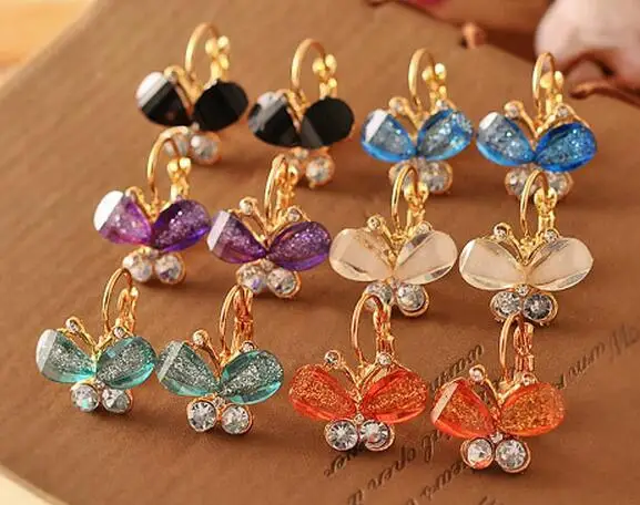 Женские серьги пусеты с крыльями 5 цветов стразы фиолетовый бант Бабочка 4ED18|butterfly