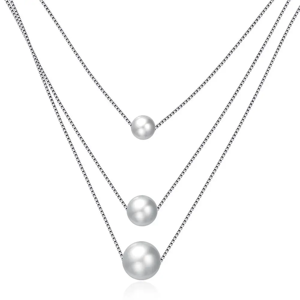 Women Necklace 925 Sterling Silver Three Layers White Pearl Pendant