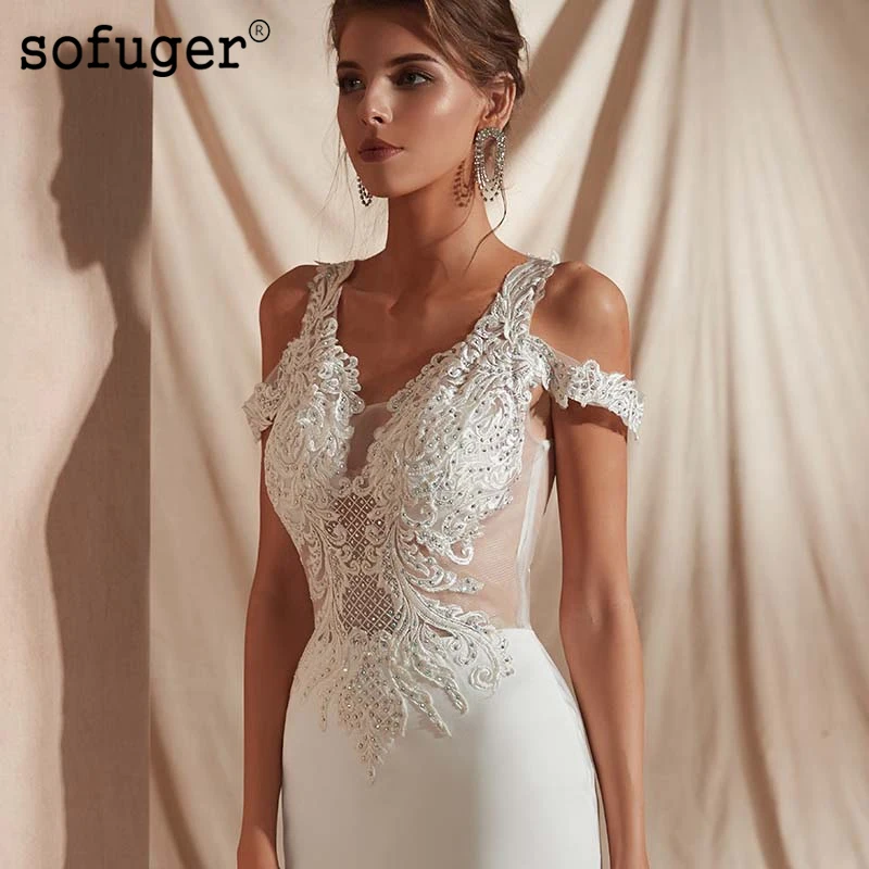 

2019 Sexy Beading Applique V-neck Tulle Backless Mermaid Bridal Gown Wedding Dresses Vestidos de Noivas Custom White