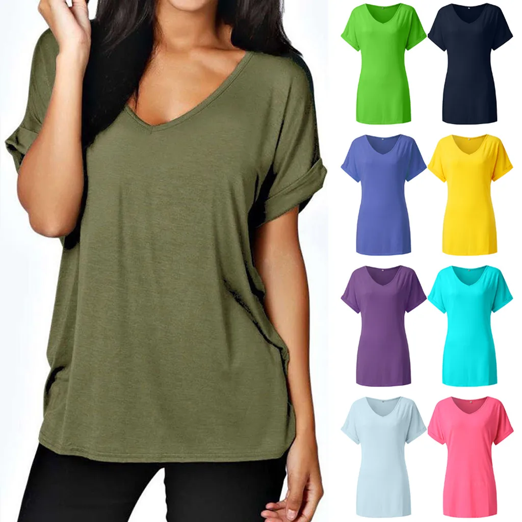 Women Baggy Oversized Loose Fit Turn up Batwing Sleeve Ladies V Neck Top T shirt