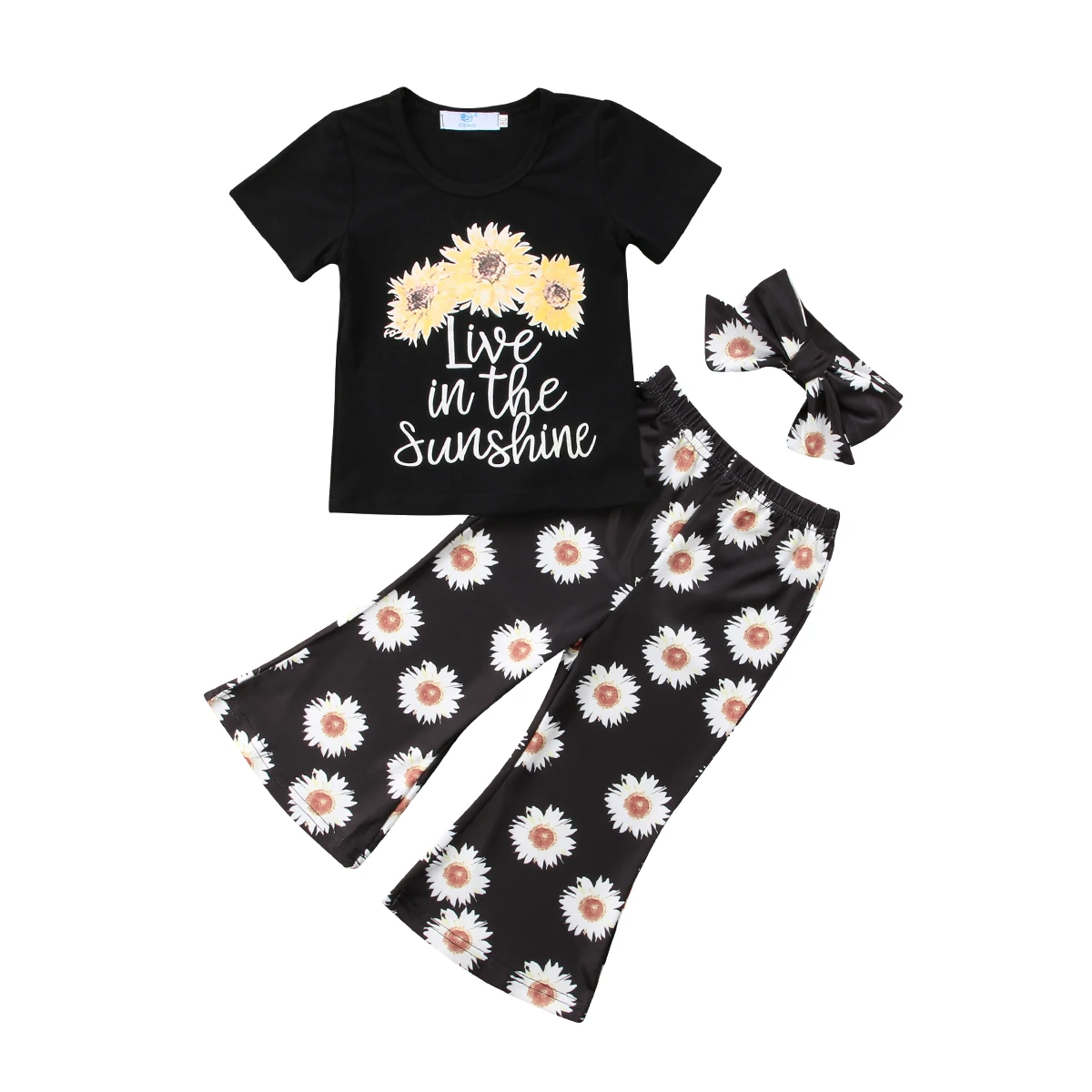

3PCS Set Toddler Kids Baby Girl Sunflower Clothes Short Sleeve Cotton T-shirt Tops+Flared Pant Bell-bottom Headband Outfits