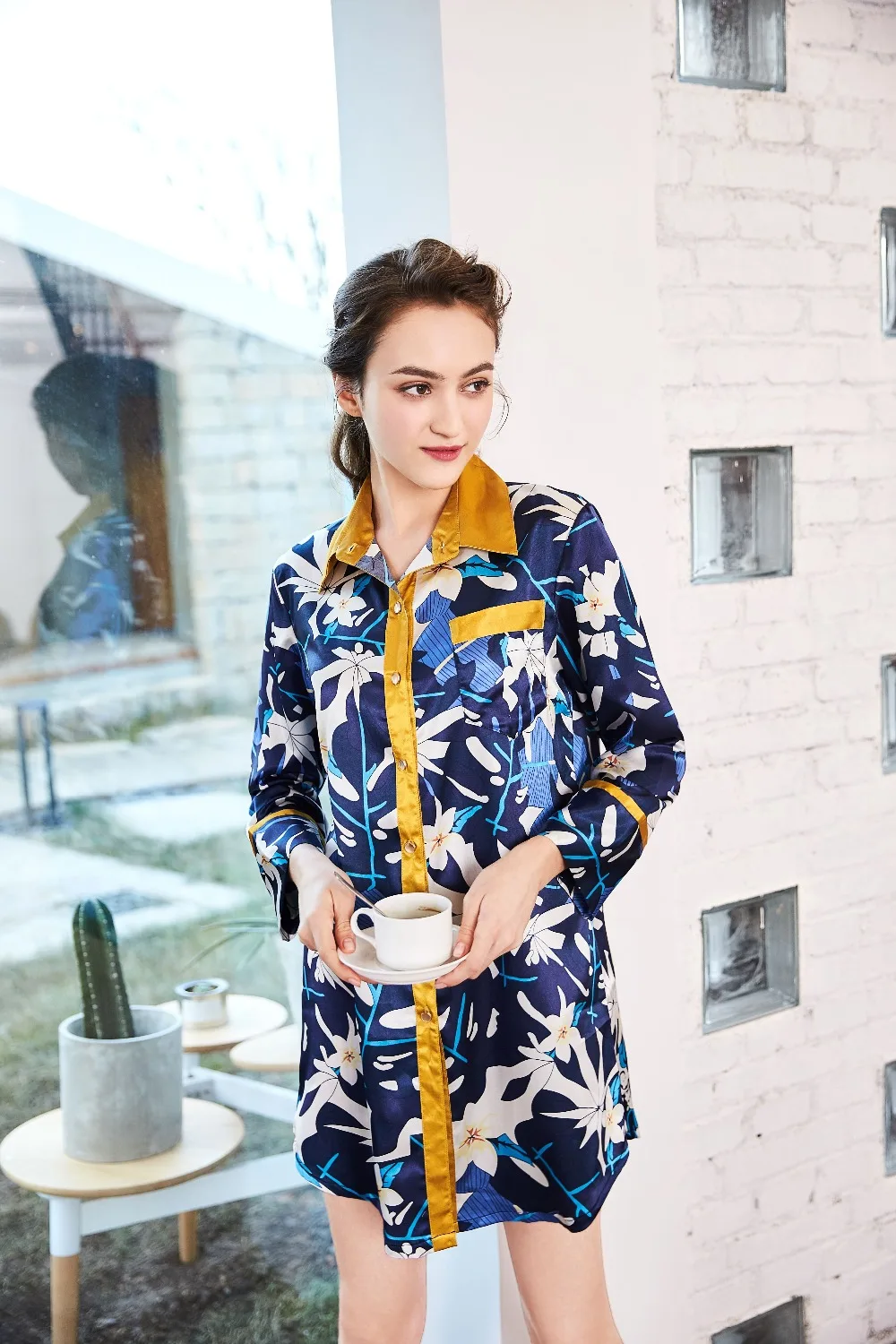 

Silk Stain Sleep Tops for Women Shirts Casual Spring Summer Kigurumi Long Sleeve Nightie Night Shirts Mini Dress Nightwear Print