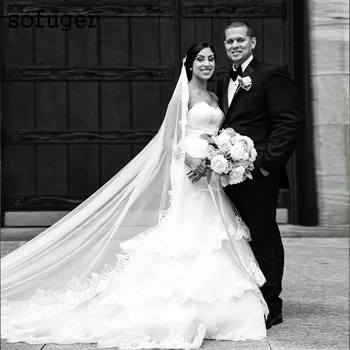 

White Long Elegant Strapless Sexy Sweetheart Tulle Tiered Weddding Dresses Zipper Bridal Gown Wedding Vestidos de Noivas Custom