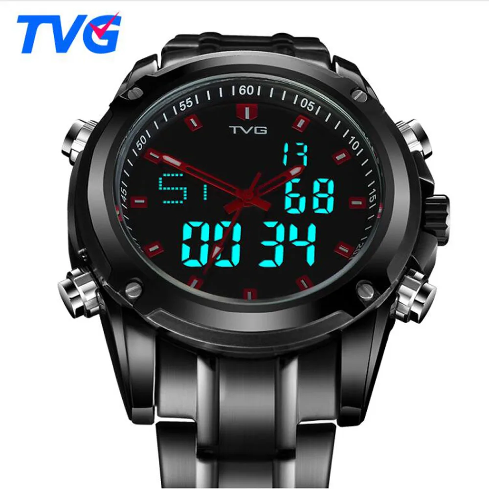 

TVG Men Watches Military Sports Dual Display Quartz Watch Men Waterproof LED Digital Full Steel Wristwatch Relogio Masculino