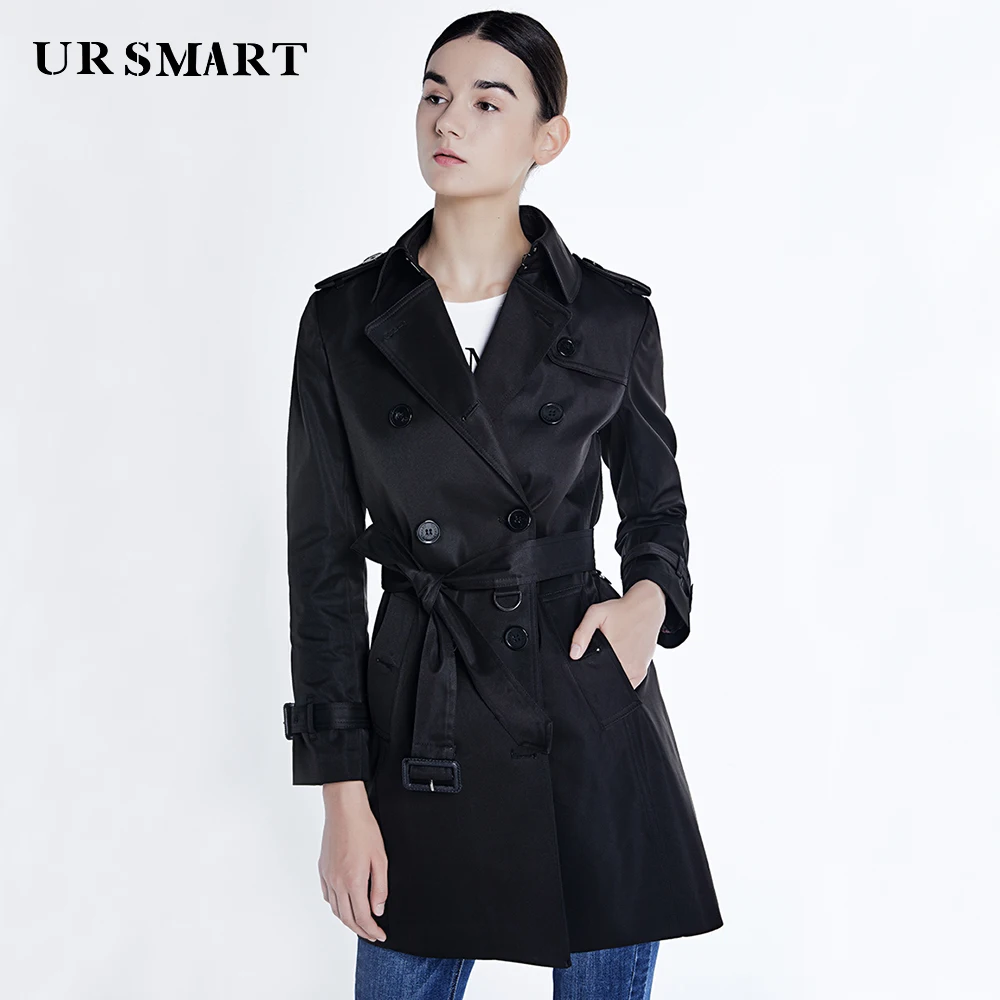 

URSMART Classic double-breasted trench coat female long waist lady trench coat black custom British coat of cultivate one's mor
