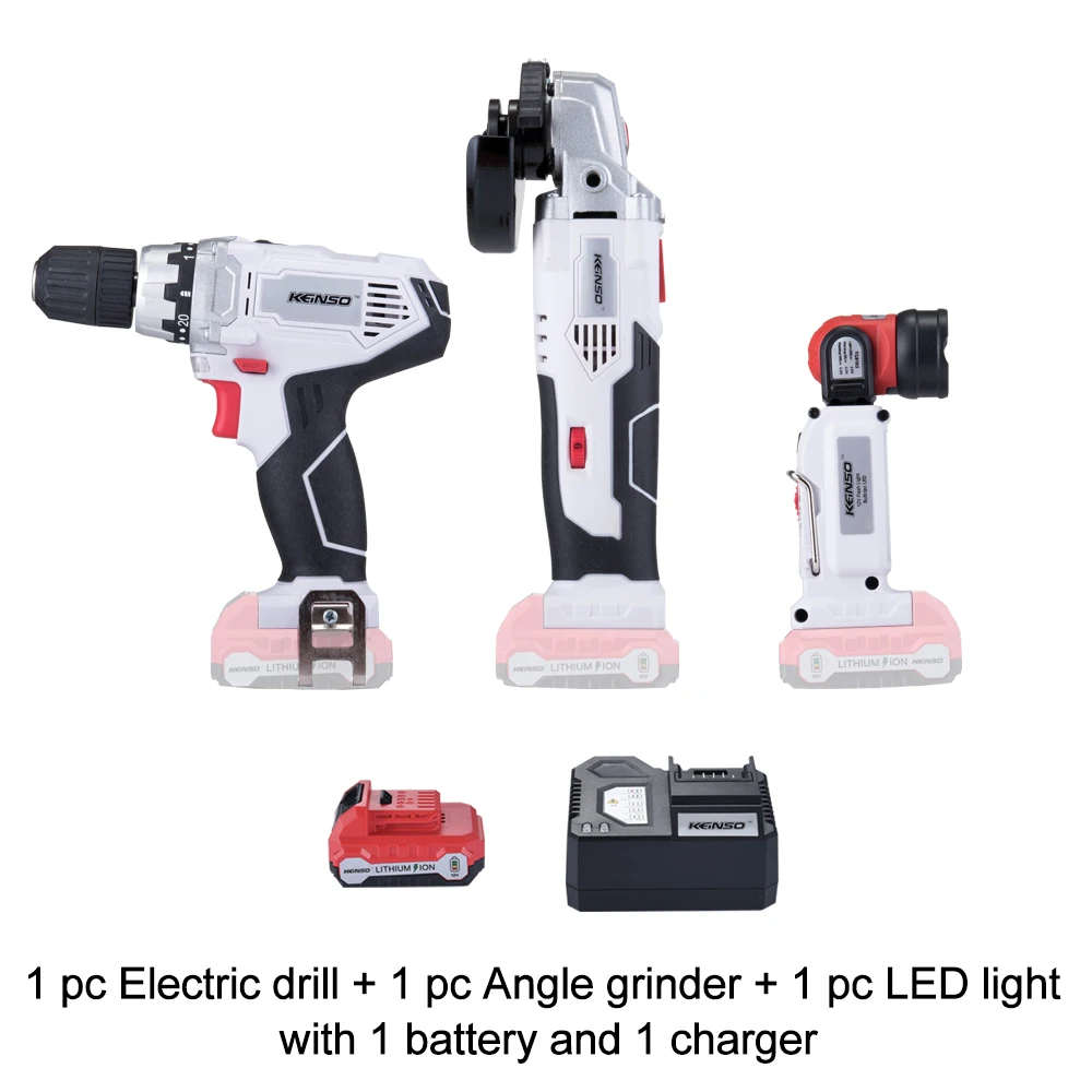 

Keinso 12V power tools set Angle grinder Electric drill and Led light share with one lithium battery and one charger