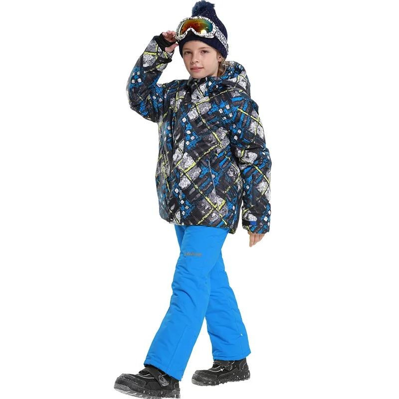 Комплект зимней одежды для мальчиков с детектором, лыжная куртка, зимний костюм со штанами, водонепроницаемый лыжный костюм для девочек на температуру-20-30 градусов, размер 116-164 - Цвет: 81729BLUE