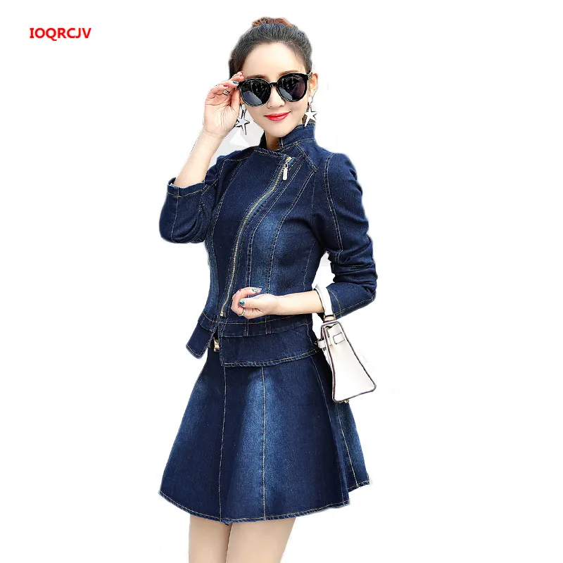 

Denim Jacket Skirt Suit 2019 Spring Fashion Elegant Casual 2 Piece Set Women Zipper Jeans Coat And Mini Swing Skirts Suits W976