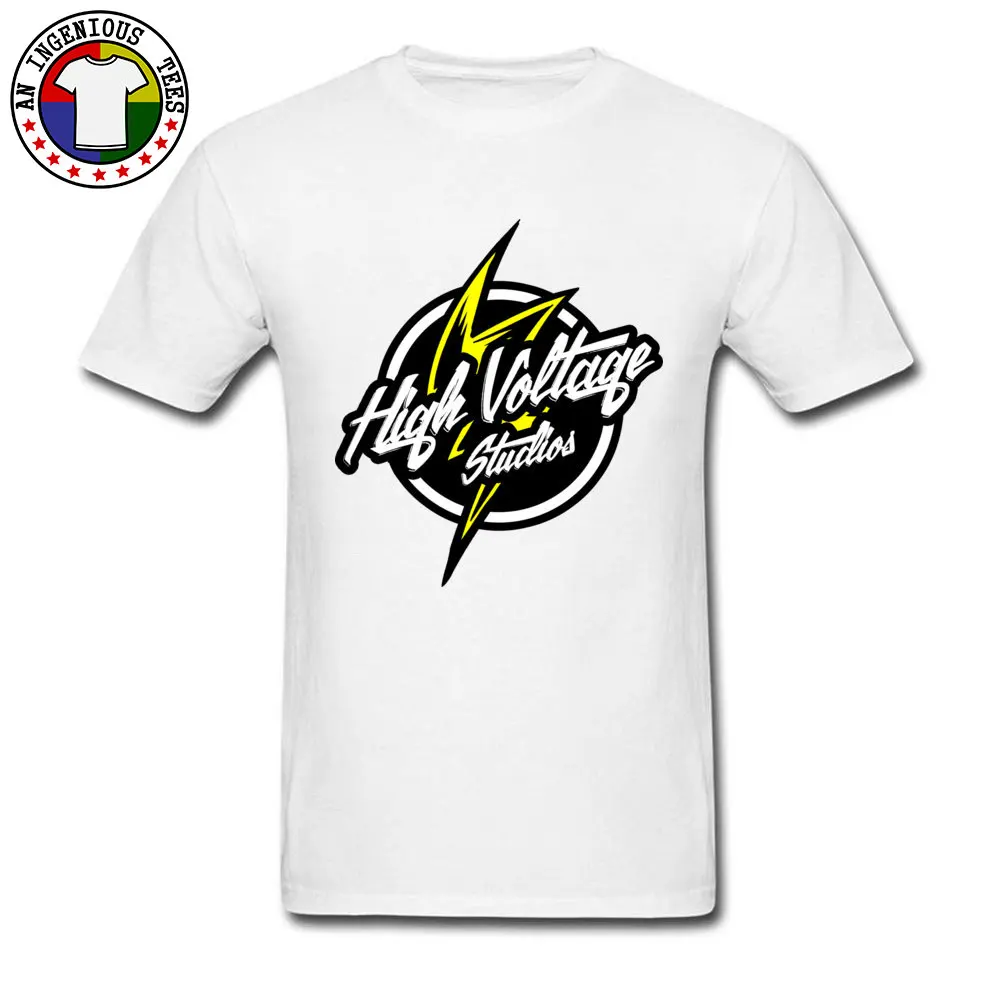 High Voltage Studios Logo O Neck T Shirts Summer/Fall Tops Shirts Short Sleeve 2018 Cotton Fabric Casual Tee Shirts Street Men High Voltage Studios Logo white