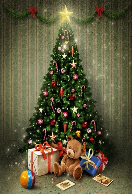 Laeacco Christmas Tree Gifts Balls Toy Bear Stripes Wall Photography Backgrounds Vinyl Custom Camera Backdrops For Laeacco Christmas Tree Gifts Balls Toy Bear Stripes Wall Photography Backgrounds Vinyl Custom Camera Backdrops For