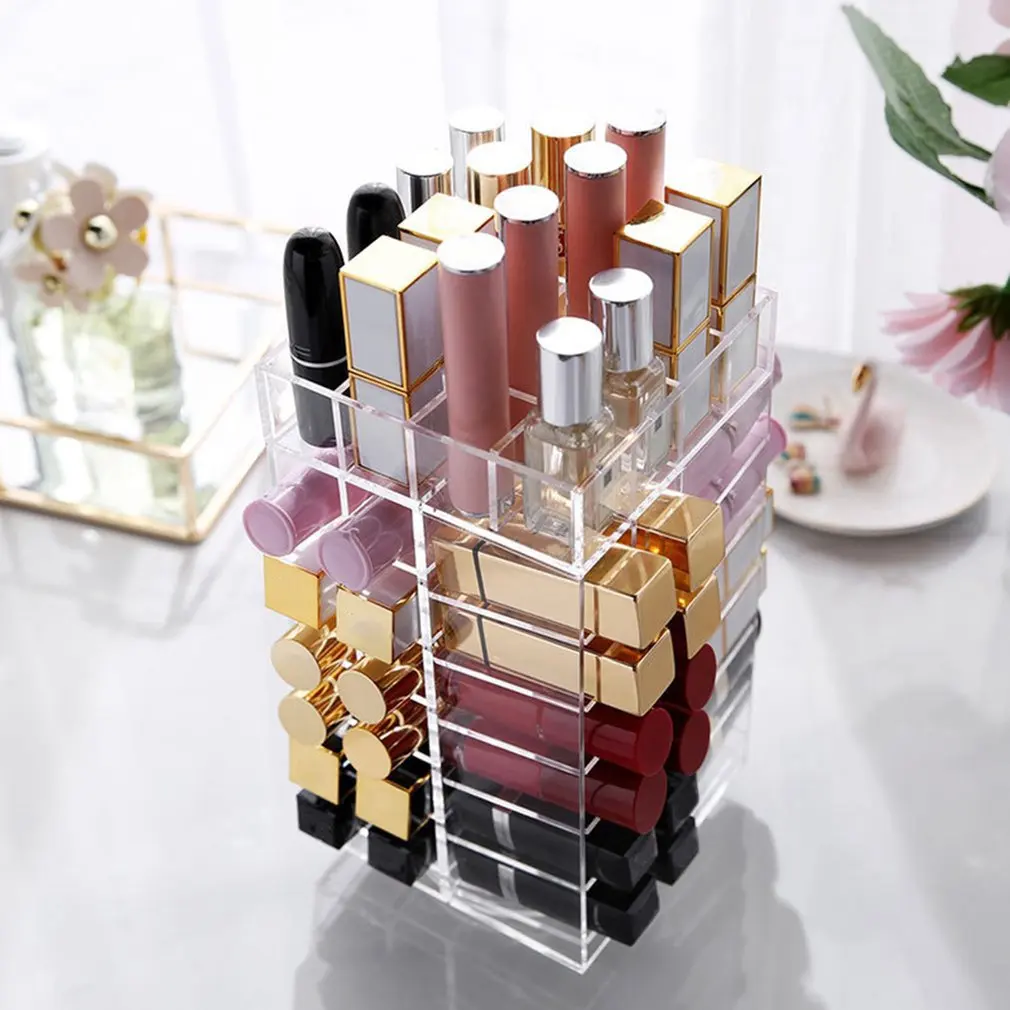 

Rotating Acrylic Makeup Organizer Storage Case Lipstick Holder Boxes Rotating Lip Gloss Display Boxes with High Capacity