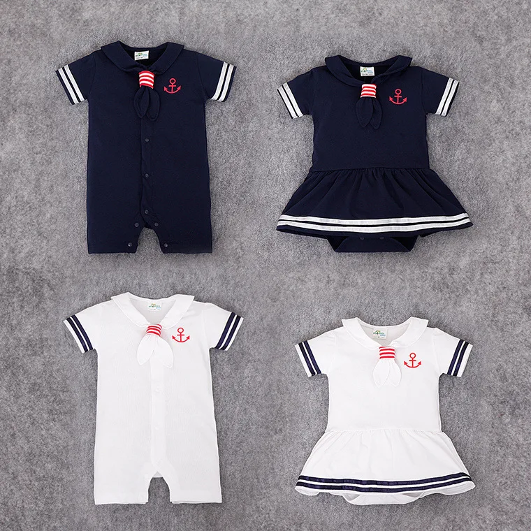 

Summer New Baby Sailor Costume Cool Bebe Dresses Short Triangle Rompers Lovely Tie Collar White/Blue Baby Boy Clothes Jumpsuit