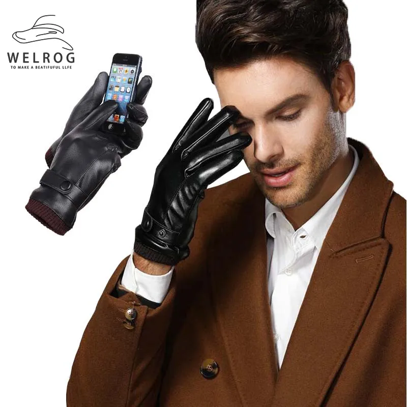 

WELROG Winter Warm Gloves Mens PU Leather Full Ginger Anti Slip Gloves Winter Autumn Women Thicken Waterproof Driving Glove