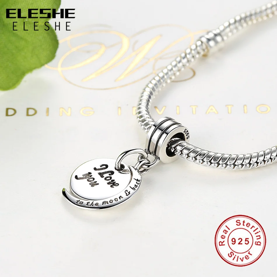 Authentic 925 Sterling Silver Bead Charm I Love You To The Moon & Back Pendant Charm Fit ELESHE Bracelet & Bangle DIY Jewelry