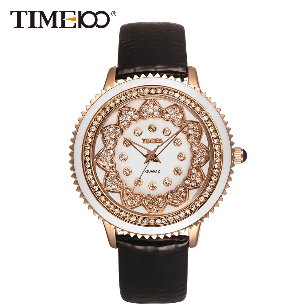 Time100 Unique Ladies Watches Black Leather Strap Diamond Gear Shape