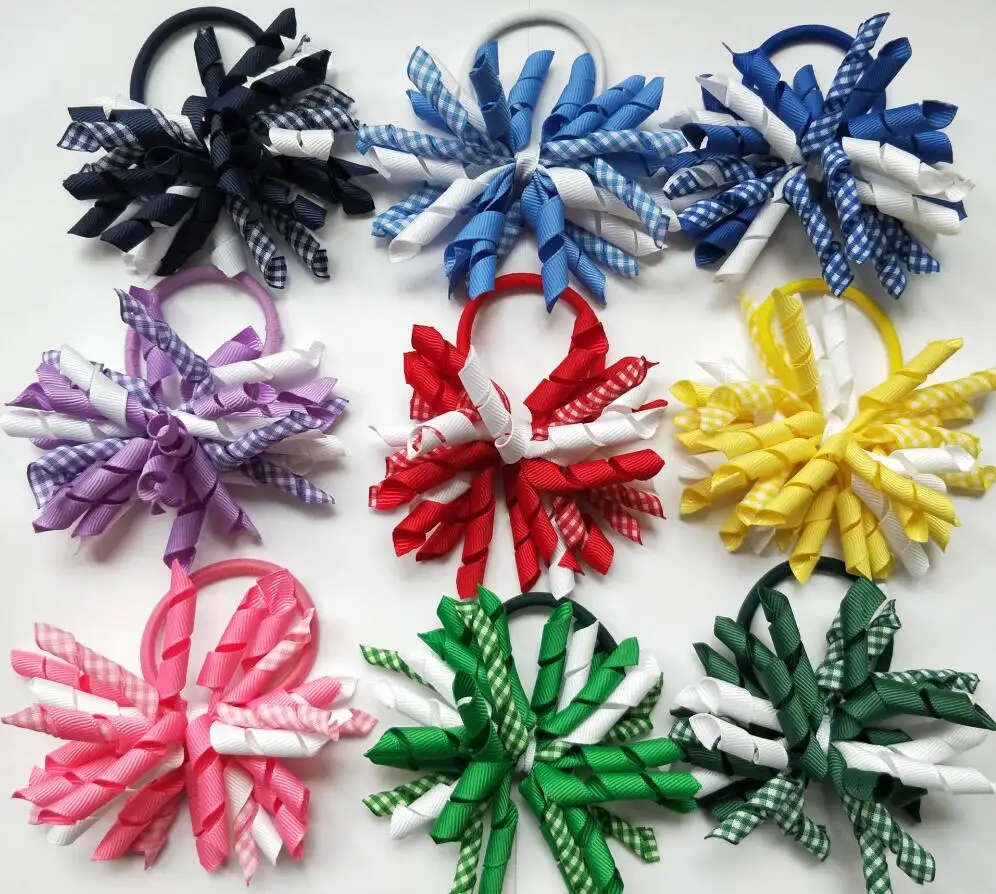 

Girl Xmas 3.5" Gingham korker whirl Curly Ribbon Hair Bows flowers clips corker hair ties hair bobbles Hairbands 20pcs PD025