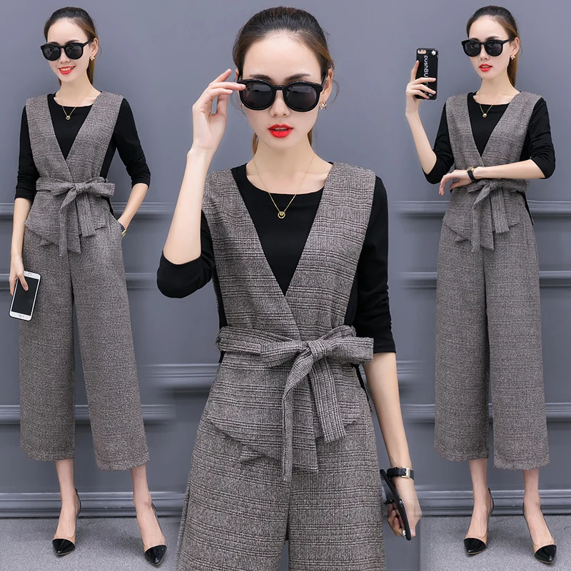 

European style design autumn outfit women's new blouse vest wide-legged pants fashion three-piece suit with belt OL plus size