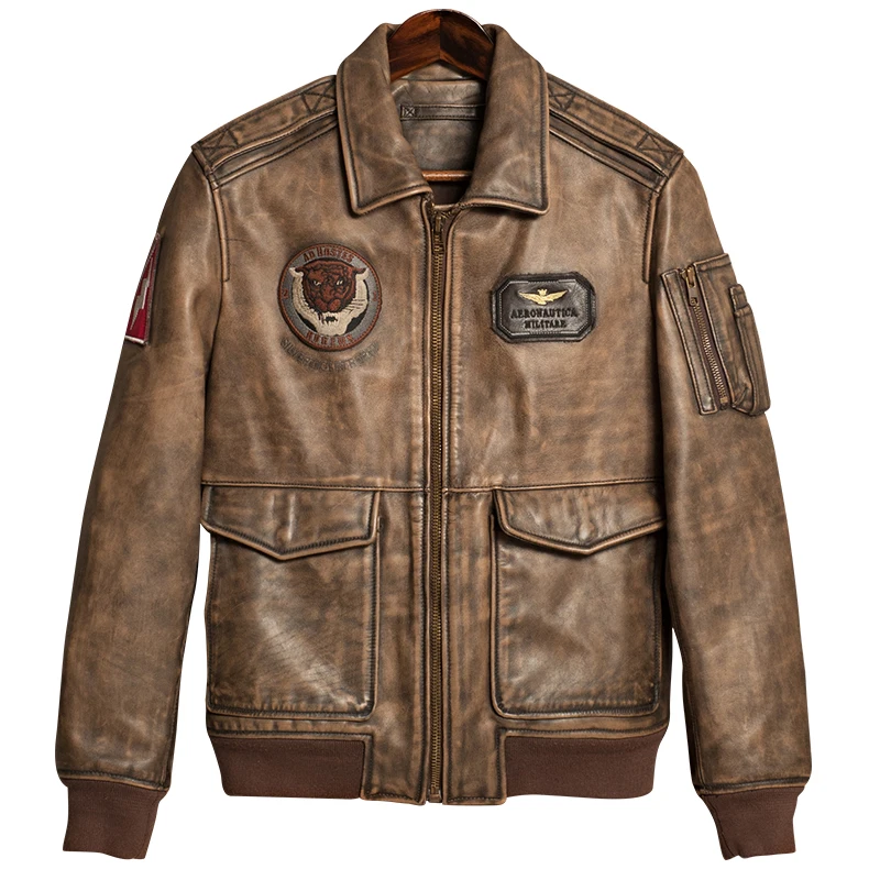 

HARLEY DAMSON Retro Brown Men Pilot Leather Jacket Plus Size XXXL Genuine Thick Cowhide Slim Fit Italy Aviator Leather Coat