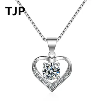 

TJP Top Quality 925 Sterling Silver Women Pendant Necklaces Jewelry Clear CZ Crystal Heart Girl Lady Party Accessory Gift