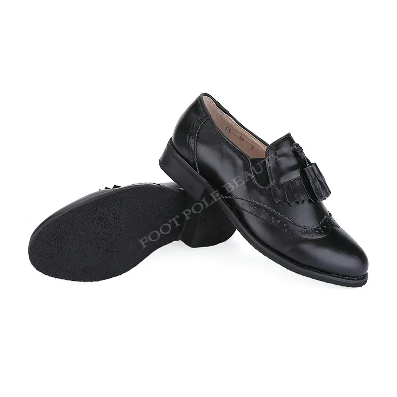 Большой размер 33-47, Высококачественная модная женская обувь на плоской подошве, женская повседневная обувь в римском стиле с кисточками и вырезами туфли-оксфорды из натуральной кожи - Цвет: black