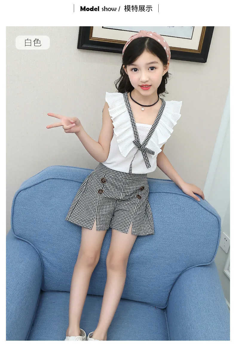 Casual Teen Girls Clothes 2019 New Summer Children Clothing Set Ruffles Tops Plaid Shorts 2Pcs Kids Suit For Girls Outfits 3-14Y (5)