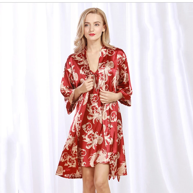 

Burgundy Rayon Women Twinset Robe Set Nighty&robe Sexy Louge Kimono Gown Night Dress Print 2PCS Robe&Nightie Homewear Pajamas