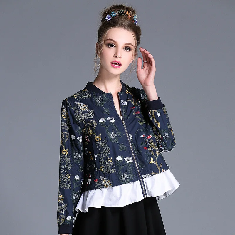 Blue Short Cotton Embroidery Jacket Crop Floral Autumn Jackets 2017