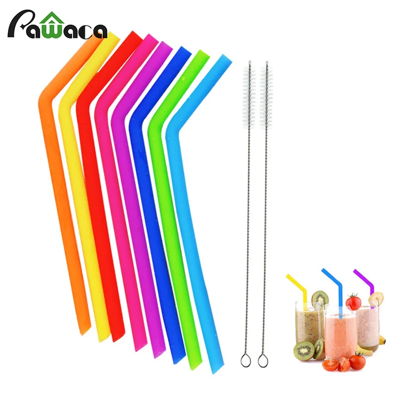 

8pcs/lot Silicone Drinking Straws Reusable Straws Long Flexible Straws with 2 Cleaning Brushes for Home Party Bar Accessories