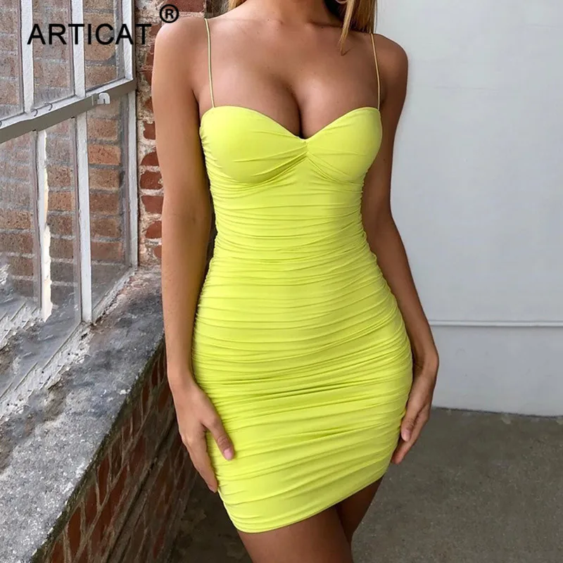 Articat Spaghetti Strap Ruched Sexy Summer Dress Women Off Shoulder Strapless Backless Bodycon Mini Dress Pleated Party Dress