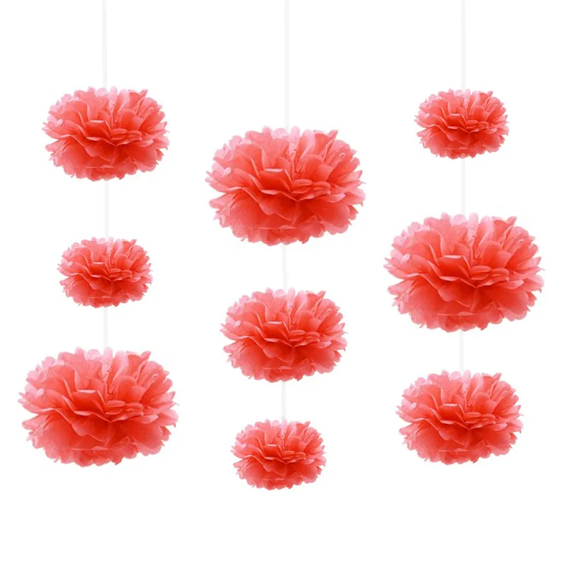 

9pcs 15cm/20cm/25cm Red Coral Colors Mixed Size Tissue Paper Pom Poms Wedding Birthday Party Event Decoration Hanging Flowers