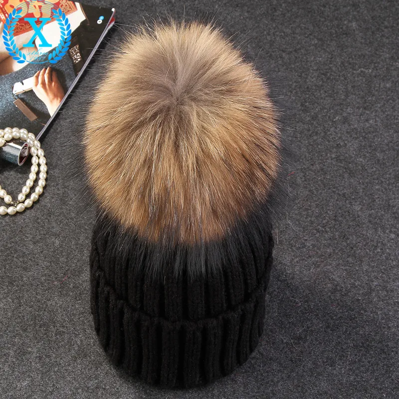 mink and fox fur ball cap pom poms winter hat for women girl 's wool hat knitted cotton beanies cap brand new thick female cap