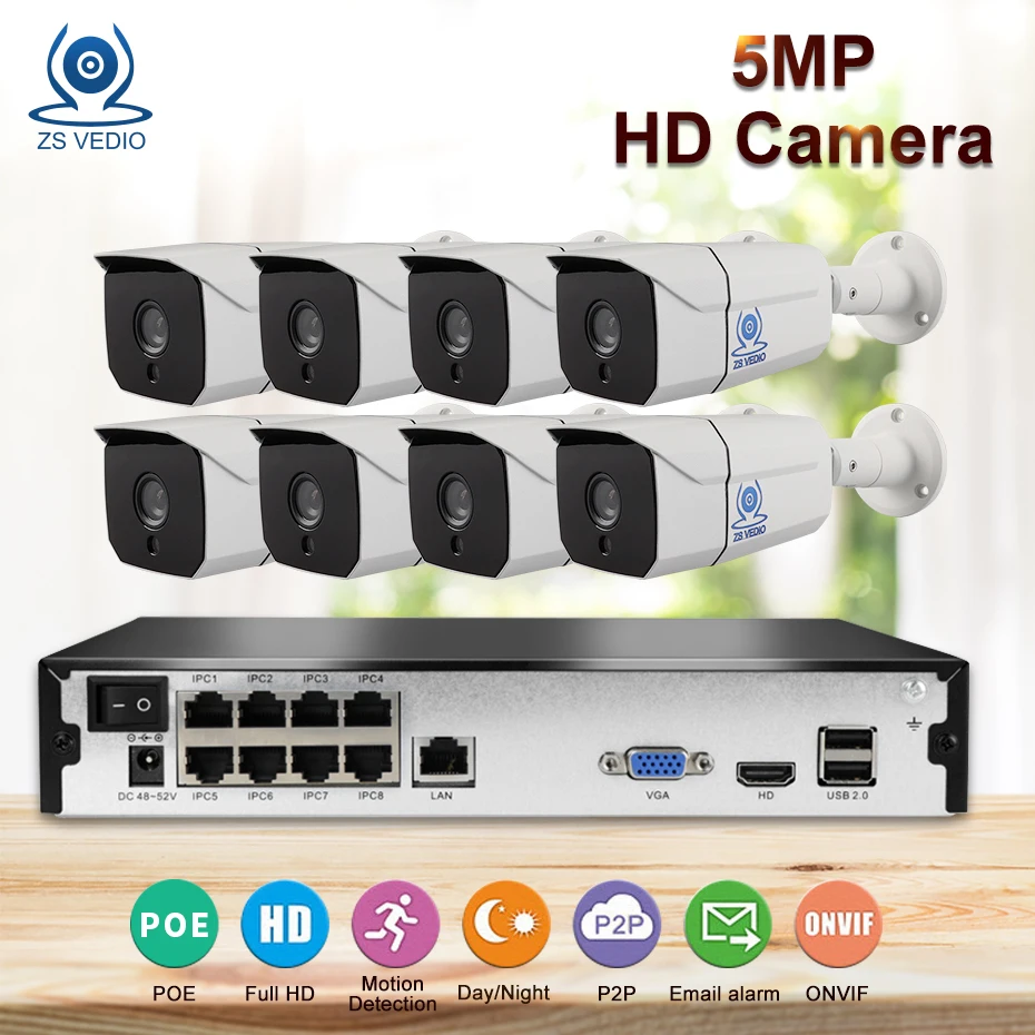 

ZSVEDIO Wire CCTV System 5MP 1TB/ 2TB HDD 5MP 8CH NVR IP IR-CUT Outdoor CCTV Camera IP Security System Video Surveillance Kit